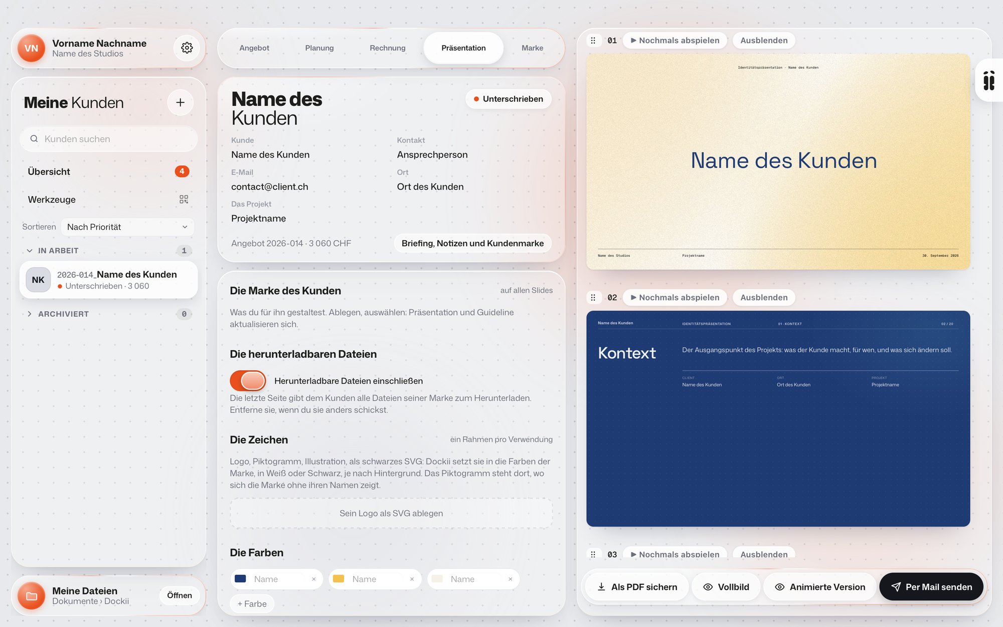 Die Präsentation eines Kunden in Dockii, Folie für Folie