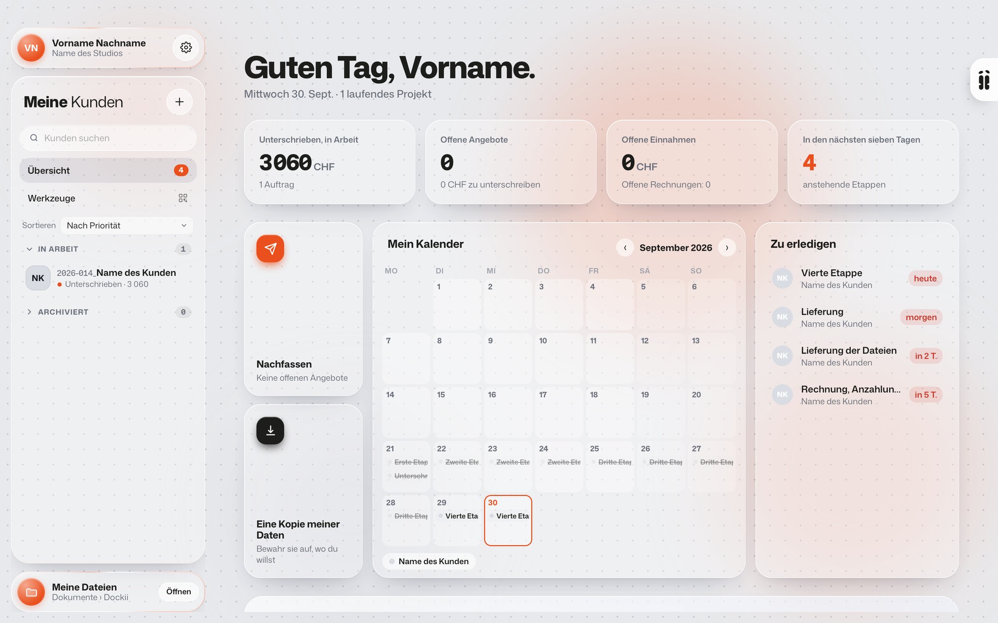 Die Übersicht in Dockii: der Kalender und die anstehenden Aufgaben