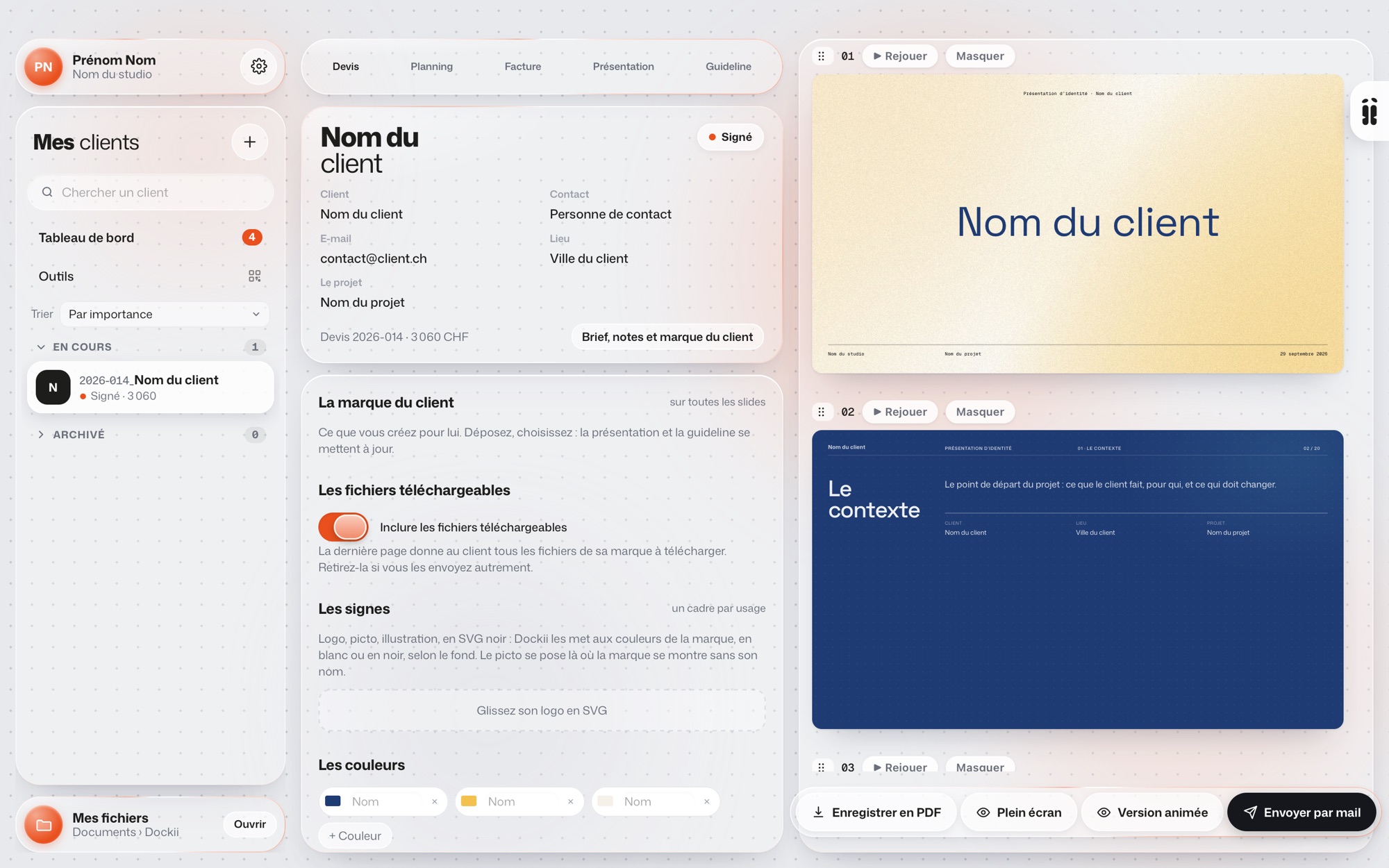 La présentation d’un client dans Dockii, slide par slide