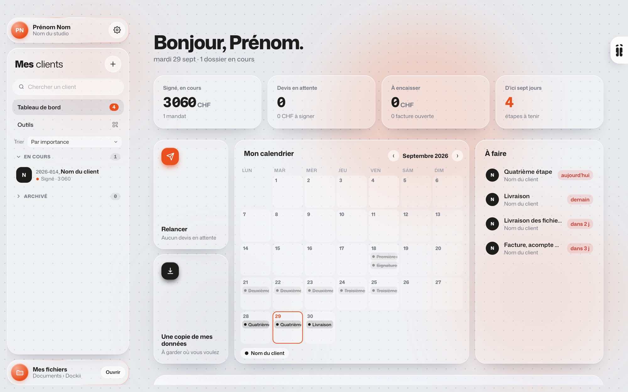 Le tableau de bord de Dockii : le calendrier et les tâches à faire